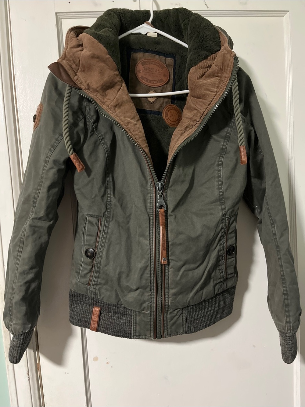 Naketano Women’s Olive Green Hooded bomber Jacket with Brown Trim